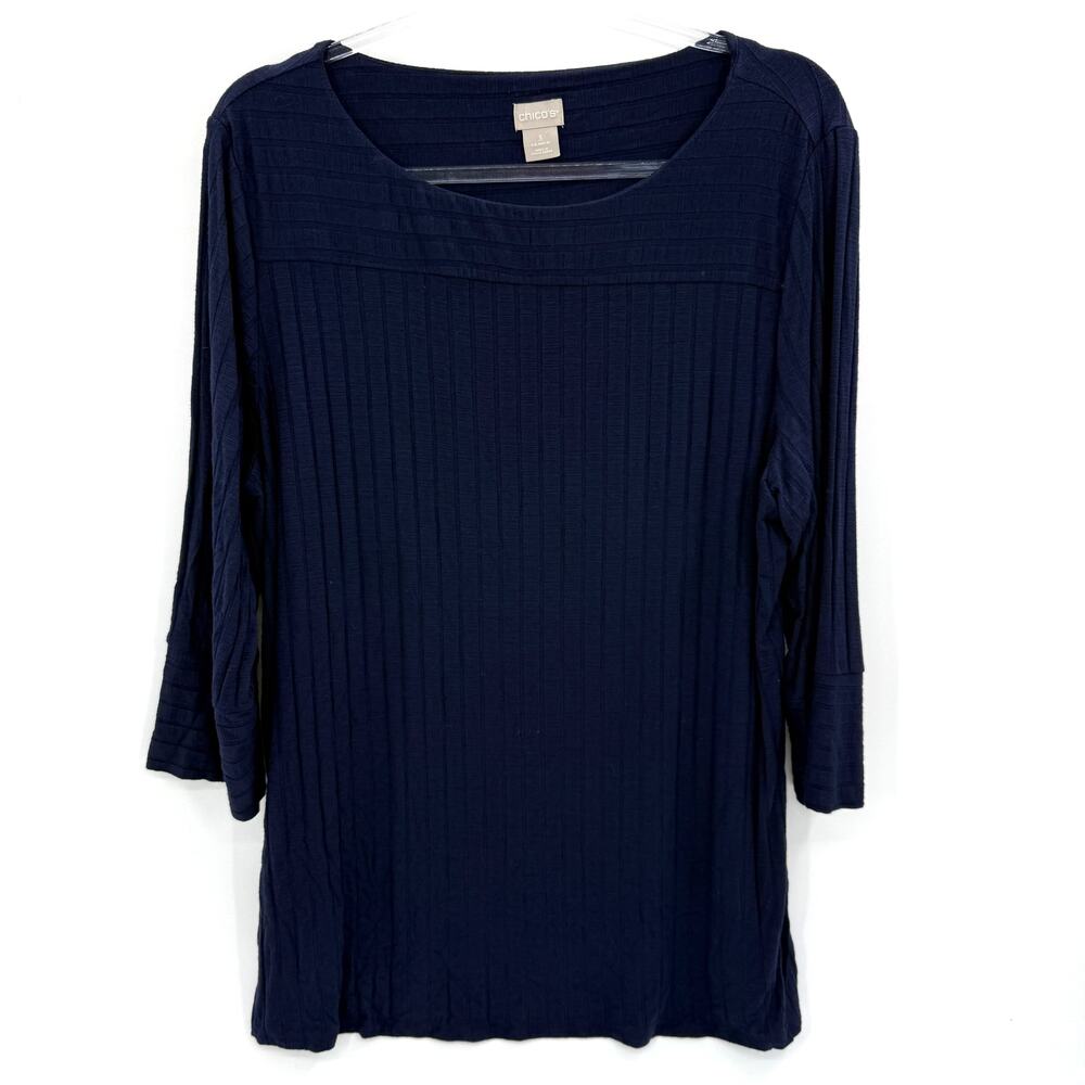 CHICO'S Textured Dark Blue Shirt 3/4 Fitted Size 3 US XL Slinky Stretch Jersey